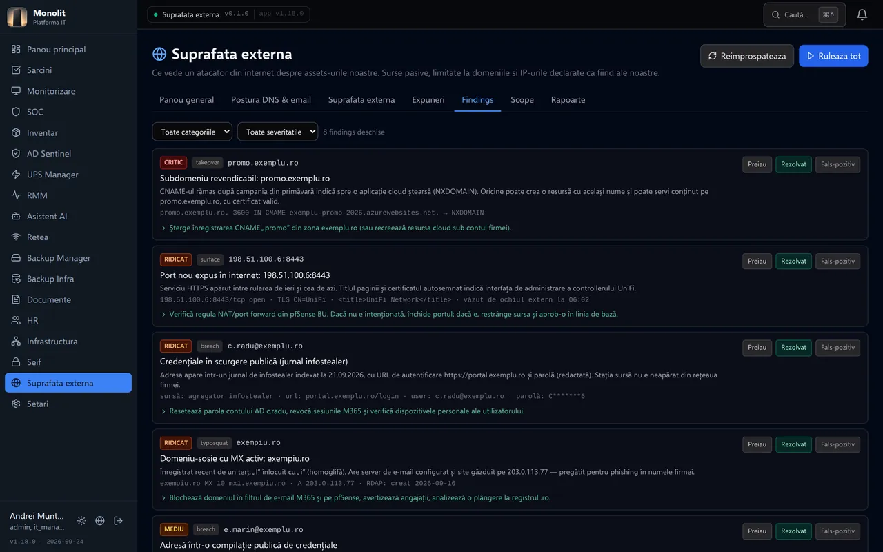 Constatări cu dovadă și remediere. Fiecare constatare are categoria, dovada tehnică, pașii de remediere și butoanele Preiau / Rezolvat / Fals-pozitiv. Modulul nu repară nimic singur: decizia rămâne la echipa IT și intră în statistica de calitate.